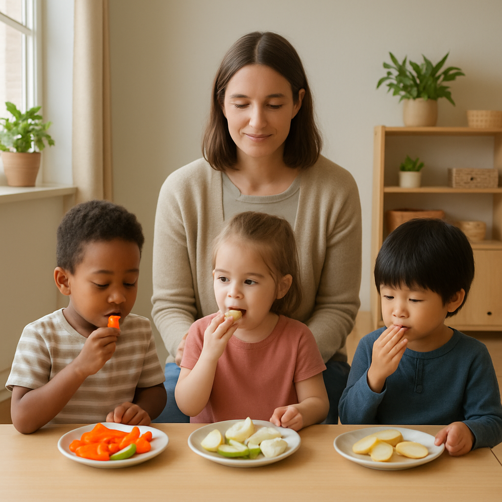 Niños comiendo un refrigerio saludable bajo supervisión de educadora, espacio de comedor ordenado